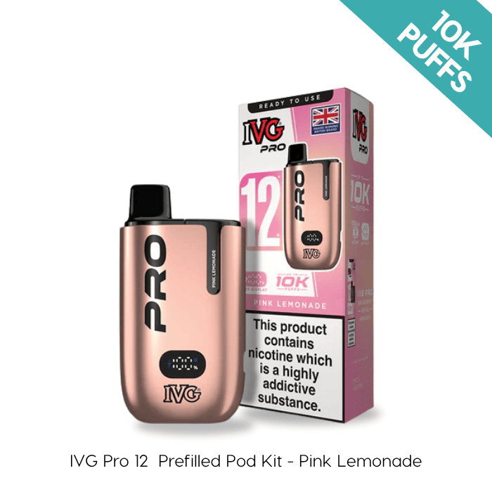 Pink Lemonade IVG PRO 12 prefilled pod kit and packaging on a plain background