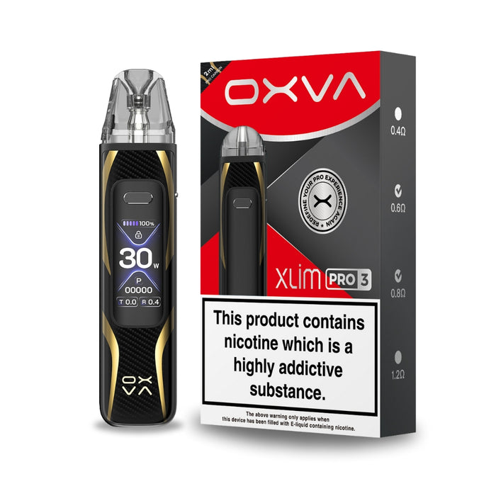 Pro Carbon Xlim Pro 3 Vape Pod Kit by OXVA. Features a 1500mah battery, 30 minute fast charge, 1.05" HD Display screen and brand new 3ml top fill pods.