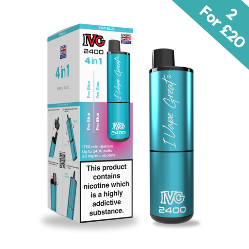 The Pro Blue - IVG 2400 4-in-1 Prefilled Pod Kit by I VG 2400 is shown beside its box, featuring 2400 puffs, a 1750mAh battery, 20mg/ml nicotine, a UK flag, and a "2 For £20" deal. Available at Vape Direct In Milton Keynes