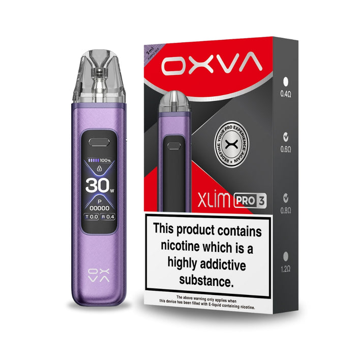 Purple SIlk Xlim Pro 3 Vape Pod Kit by OXVA. Features a 1500mah battery, 30 minute fast charge, 1.05" HD Display screen and brand new 3ml top fill pods.
