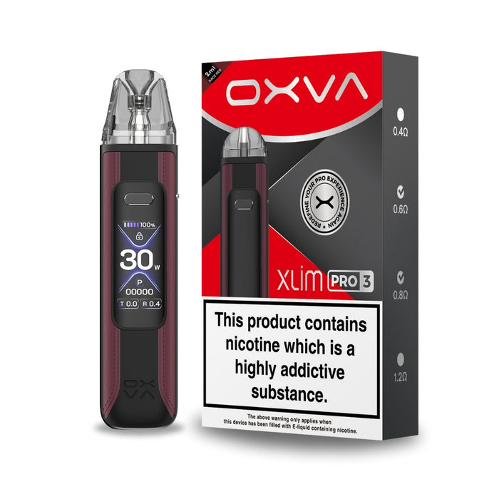 Race Red Xlim Pro 3 Vape Pod Kit by OXVA. Features a 1500mah battery, 30 minute fast charge, 1.05" HD Display screen and brand new 3ml top fill pods.