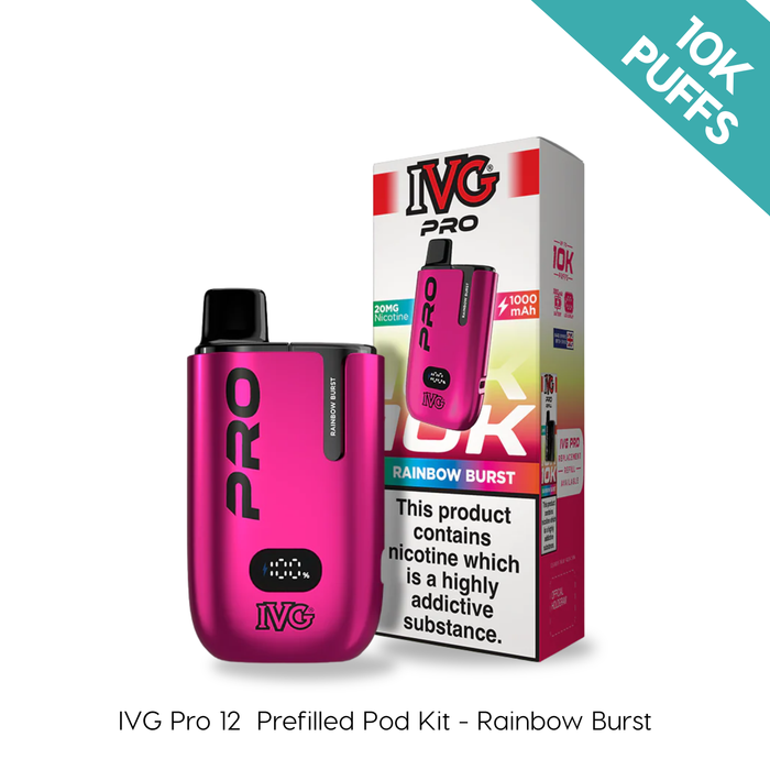 A pink I VG Rainbow Burst - IVG PRO 12 Prefilled Kit stands by its box. A green banner in the corner shows 10,000 puffs. Text below highlights a quality MTL vaping experience. Available at Vape Direct In Milton Keynes