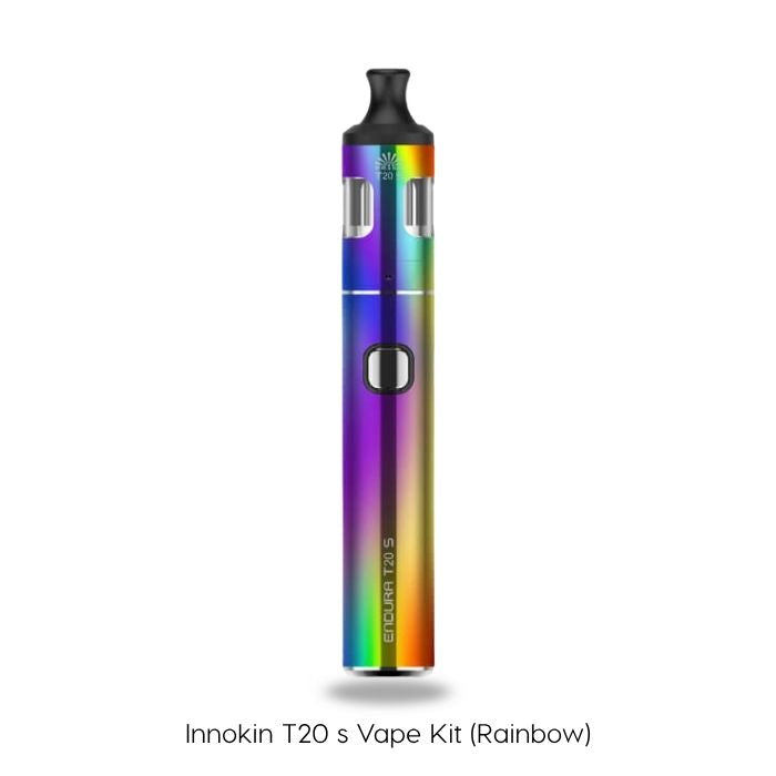 The Innokin T20S Vape Kit in rainbow features a sleek cylindrical design, black mouthpiece, and single front button, making it perfect for mouth-to-lung vaping. The label reads: Innokin T20S Vape Kit (Rainbow). Available at Vape Direct In Milton Keynes