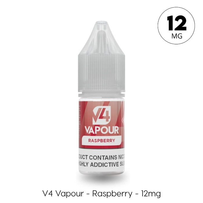 V4 Vapour - Raspberry 10ml E-Liquid by V4 Vapour, 12MG nicotine, features a clear cap and red label. Perfect for MTL vapers who enjoy a bold raspberry flavor. Available at Vape Direct In Milton Keynes