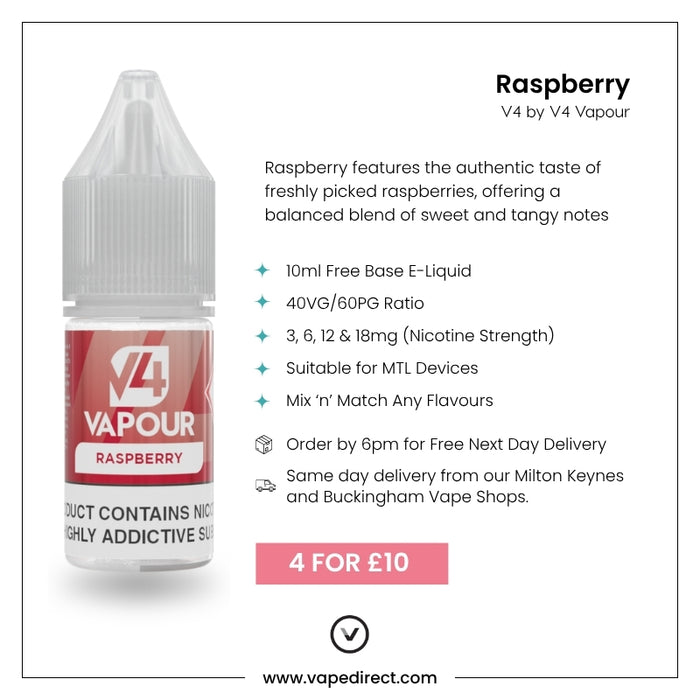 V4 Vapour - Raspberry 10ml E-Liquid, 40VG/60PG, MTL compatible, available in 3-18mg nicotine. Mix & match: 4 for £10. Order by 6pm for next day delivery at www.vapedirect.com.