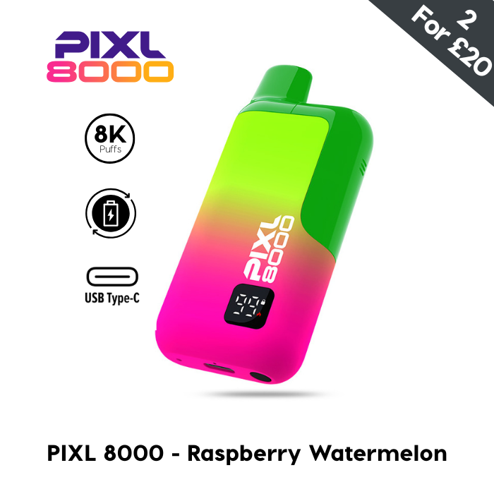 Pixl 8000 vape in raspberry watermelon flavor, green and pink gradient, 8000 puffs, USB Type-C. 