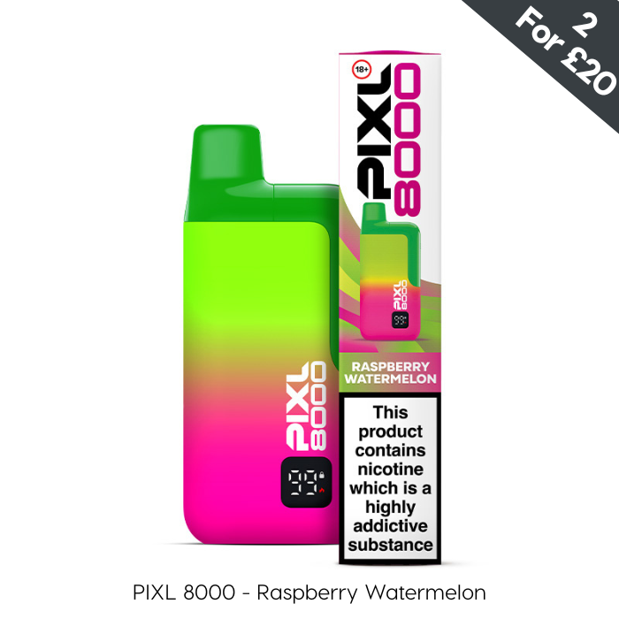 A vibrant pink and green vape device labeled PIXL 8000 Raspberry Watermelo' with a warning about nicotine. 