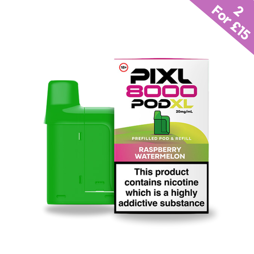 Green PIXL 8000 Pod XL with Raspberry Watermelon flavor, nicotine warning, and special offer. 