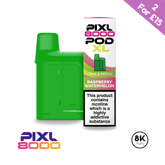 Green PIXL 8000 PodXL with Raspberry Watermelon flavor, nicotine warning, on white background