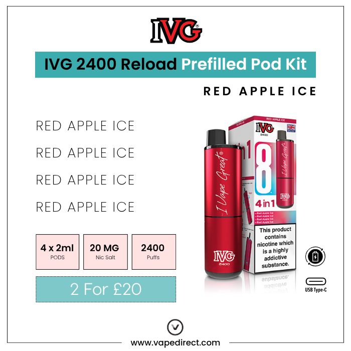 IVG vape pod kit for red apple ice flavor with packaging and product details.