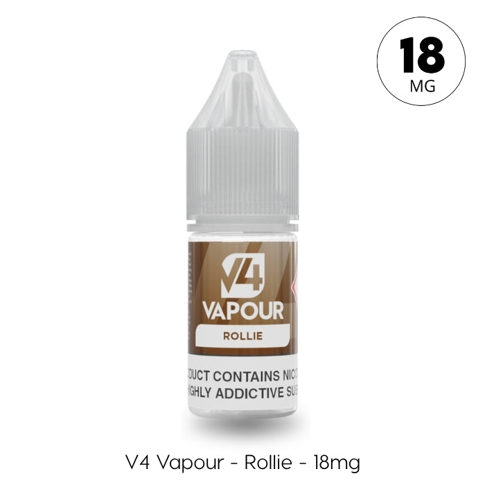 V4 Vapour - Rollie 10ml E-Liquid by V4 Vapour offers an 18mg nicotine strength and hand-rolled cigarette flavour, with a clear cap and brown label reminiscent of classic Virginia tobacco. Available at Vape Direct In Milton Keynes