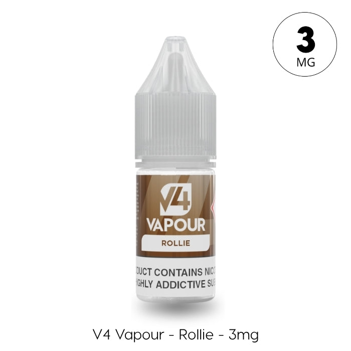 A small clear plastic bottle labeled V4 Vapour - Rollie 10ml E-Liquid, featuring a brown label and "3 MG" in the top right. This V4 Vapour product offers authentic hand-rolled Virginia tobacco flavour. Text below reads: V4 Vapour – Rollie – 3mg. Available at Vape Direct In Milton Keynes
