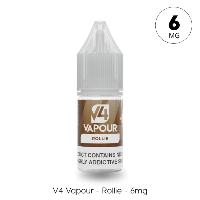 A 10ml V4 Vapour e-liquid bottle labeled Rollie features a brown design and 6mg nicotine, delivering a hand-rolled cigarette flavour. Text reads: V4 Vapour – Rollie – 6mg. Available at Vape Direct In Milton Keynes