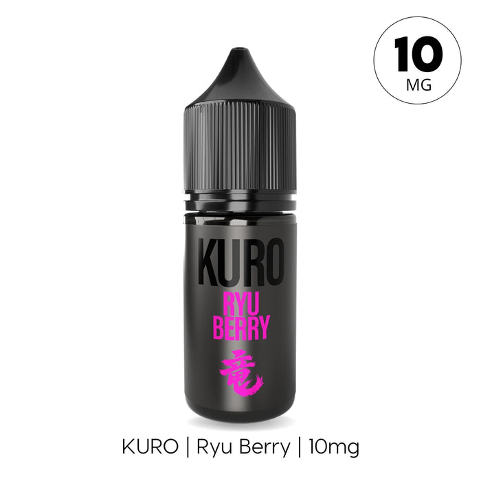 A sleek black bottle from Riot Squad, featuring the Ryu Berry Nic Salt E-Liquid by Kuro, displays bold pink text and a distinctive dragon symbol. The label highlights "10 MG" in a circle at the top right and lists KURO | Ryu Berry | 10mg below the bottle. This UK-made vape juice expertly blends robust berry flavours with smooth dragon fruit e-liquid, making it an ideal choice for fans of Ryu Berry nic salt.