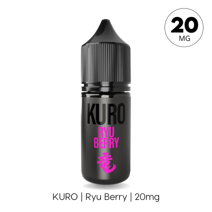 A black bottle labeled Ryu Berry Nic Salt E-Liquid by Kuro with pink text and a dropper cap is shown. A "20 MG" circle appears at the top right. The text below reads: KURO | Ryu Berry | 20mg. Made in the UK by Riot Squad, this vape juice is a dragon fruit e-liquid offered as a flavorful Ryu Berry nic salt.