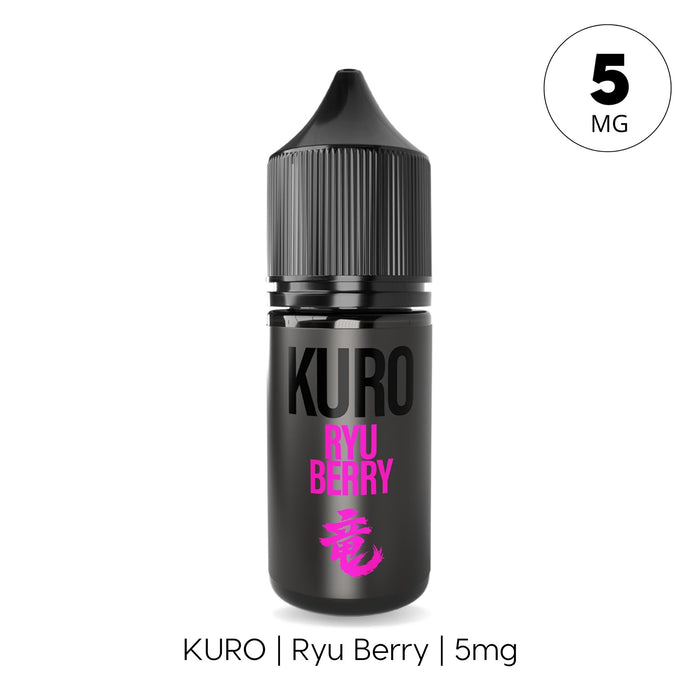 A black bottle labeled "Ryu Berry Nic Salt E-Liquid by Kuro" from Riot Squad features pink text and a dragon symbol, containing 5mg e-liquid. The 5 MG strength is shown inside a circle in the top right corner. This UK-made vape juice delivers vibrant dragon fruit-inspired flavors.