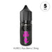 A black bottle labeled "Ryu Berry Nic Salt E-Liquid by Kuro" from Riot Squad features pink text and a dragon symbol, containing 5mg e-liquid. The 5 MG strength is shown inside a circle in the top right corner. This UK-made vape juice delivers vibrant dragon fruit-inspired flavors.