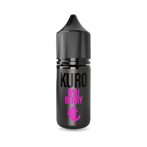 A black bottle with a black cap displays the KURO RYU BERRY label in bold black and pink lettering, accented by a pink Japanese character at the base. This UK-made vape juice—Ryu Berry Nic Salt E-Liquid by Kuro from Riot Squad—delivers bold, dragon fruit-inspired flavors for an unforgettable vaping experience.