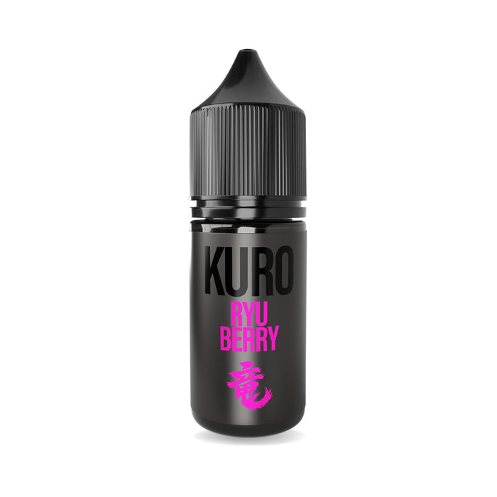 A black bottle with a black cap displays the KURO RYU BERRY label in bold black and pink lettering, accented by a pink Japanese character at the base. This UK-made vape juice—Ryu Berry Nic Salt E-Liquid by Kuro from Riot Squad—delivers bold, dragon fruit-inspired flavors for an unforgettable vaping experience.