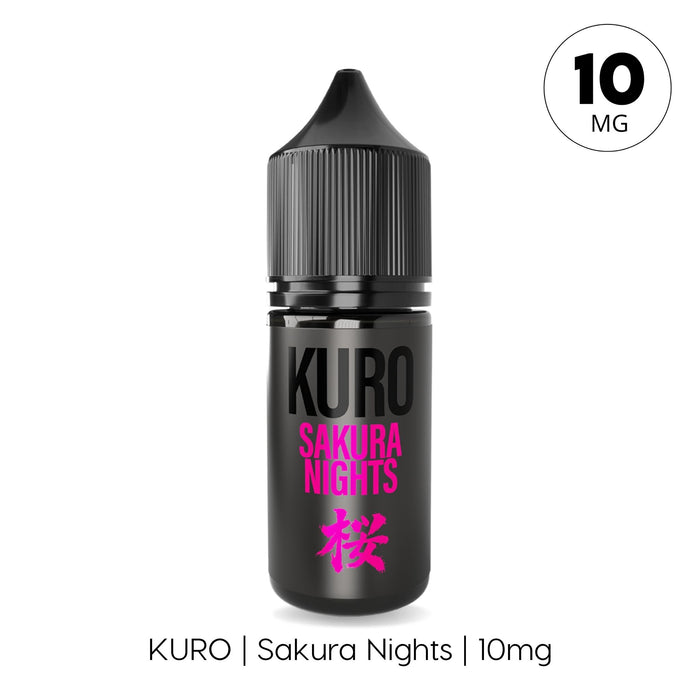 A sleek black bottle of Sakura Nights Nic Salt E-Liquid by Riot Squad features pink lettering and a cherry blossom icon, highlighting its refined design. This 10mg nic salt e-liquid is perfect for MTL kits. A 10 MG circle appears in the top right corner, with text below reading KURO | Sakura Nights | 10mg.