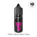 A sleek black bottle of Sakura Nights Nic Salt E-Liquid by Riot Squad features pink lettering and a cherry blossom icon, highlighting its refined design. This 10mg nic salt e-liquid is perfect for MTL kits. A 10 MG circle appears in the top right corner, with text below reading KURO | Sakura Nights | 10mg.