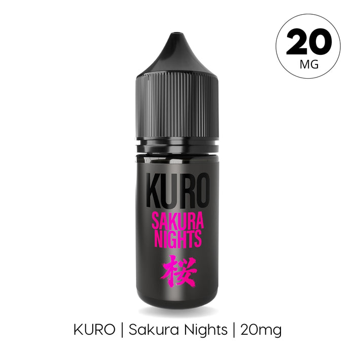 A black bottle labeled Sakura Nights Nic Salt E-Liquid by Kuro from Riot Squad, featuring pink text and a cherry blossom symbol, contains 20 mg nic salt e-liquid—ideal for use with MTL kits.