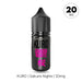 A black bottle labeled Sakura Nights Nic Salt E-Liquid by Kuro from Riot Squad, featuring pink text and a cherry blossom symbol, contains 20 mg nic salt e-liquid—ideal for use with MTL kits.
