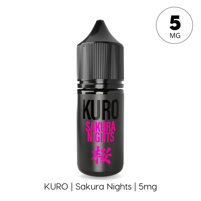 Black bottle labeled Kuro Sakura Nights by Riot Squad, featuring pink text and a cherry blossom symbol, contains 5mg nic salt e-liquid. A white circle at the top right displays "5 MG". Text below reads: Sakura Nights Nic Salt E-Liquid by Kuro | 5mg—ideal for MTL kits.