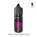 Black bottle labeled Kuro Sakura Nights by Riot Squad, featuring pink text and a cherry blossom symbol, contains 5mg nic salt e-liquid. A white circle at the top right displays "5 MG". Text below reads: Sakura Nights Nic Salt E-Liquid by Kuro | 5mg—ideal for MTL kits.