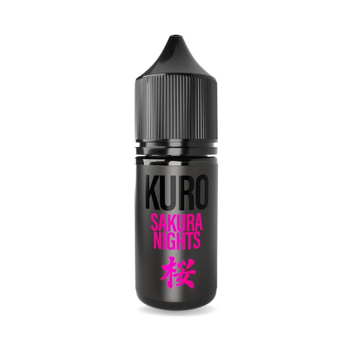 A compact black bottle featuring the words "Sakura Nights Nic Salt E-Liquid by Kuro" in pink lettering, accented with a pink Japanese character beneath and topped with a black ribbed cap. Crafted by Riot Squad and inspired by cherry blossom evenings, this e-liquid promises a distinctive vaping experience.