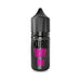 A compact black bottle featuring the words "Sakura Nights Nic Salt E-Liquid by Kuro" in pink lettering, accented with a pink Japanese character beneath and topped with a black ribbed cap. Crafted by Riot Squad and inspired by cherry blossom evenings, this e-liquid promises a distinctive vaping experience.