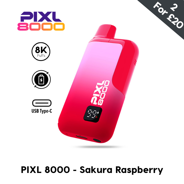Red and pink PIXL 8000 vape device named Sakura Raspberry, showing 8K puffs and USB Type-C