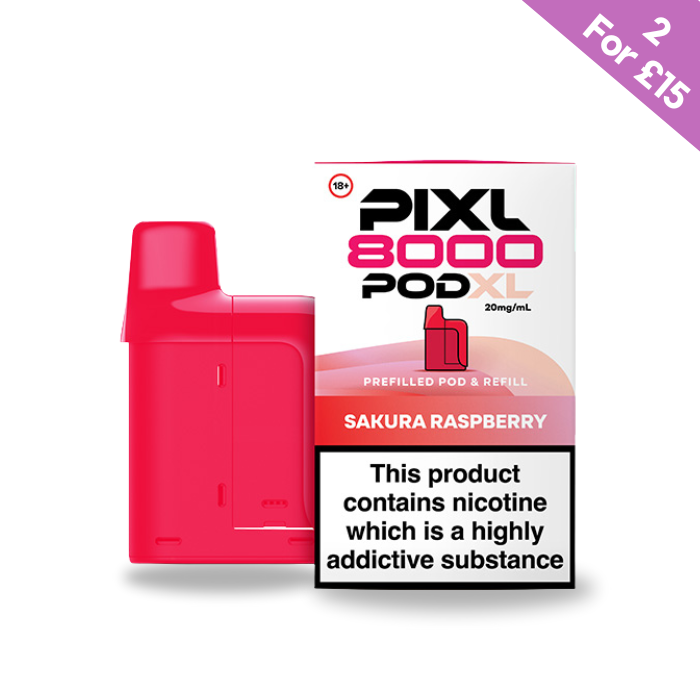 Sakura Raspberry Pixl 8000 Pod. Red pod and packaging with 'PIXL' branding on a white background