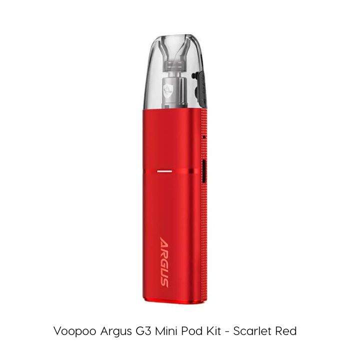 Voopoo Argus G3 Mini Pod Kit in Scarlet Red with smart mode, 3ml refillable pods and adjustable airflow.