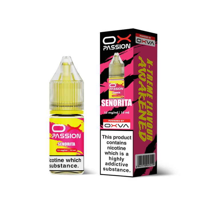 Senorita Ox Passion Nic Salt E-Liquid by Oxva with retail box and packaging.