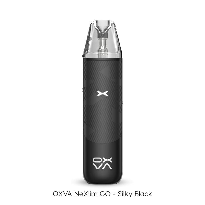 The OXVA NeXlim GO Pod Kit vape features a Silky Black finish, transparent mouthpiece, textured grip, adjustable airflow, and white OXVA branding on the front.
