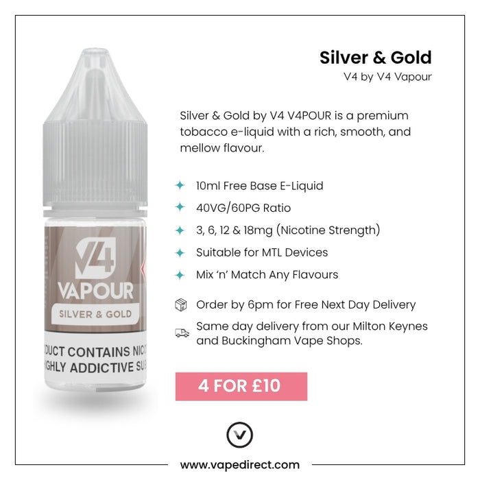 V4 Vapour Silver & Gold 10ml E-liquid | Vape Direct V4 Vapour Silver & Gold 10ml E-liquid | Vape Direct