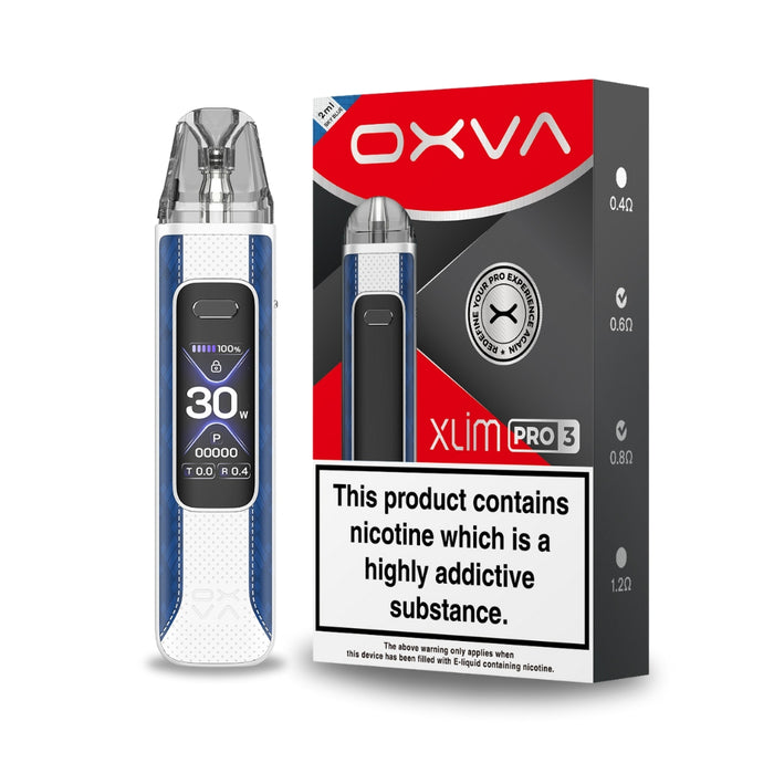 Sky Blue Xlim Pro 3 Vape Pod Kit by OXVA. Features a 15oomah battery, 30minute fast charge, 1.05" HD Display screen and brand new 3ml top fill pods.