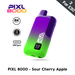 A colorful vape device labeled PIXL 8000, featuring 8K puffs and USB Type-C, in Sour Cherry Apple flavor. 