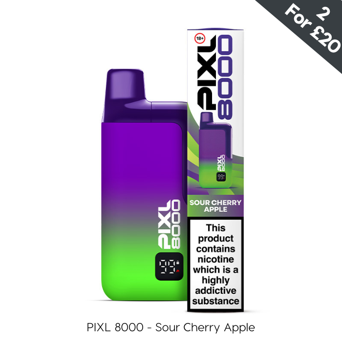 Purple and green PIXL 8000 vape with Sour Cherry Apple flavor packaging. 