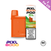 Orange vape pod and packaging with PIXL 8000 Sour Pineapple Mango branding on a white background.