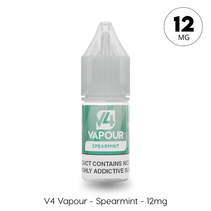 A small plastic bottle of V4 Vapour - Spearmint 10ml E-Liquid features a green and white label marked 12mg, highlighting its refreshing menthol flavor. Text below reads: V4 Vapour - Spearmint - 12mg. Brand: V4 Vapour. Available at Vape Direct In Milton Keynes