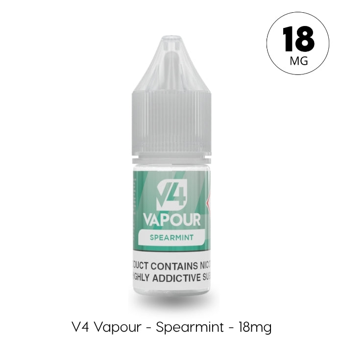 A small plastic bottle with a grey cap, labeled V4 Vapour - Spearmint 10ml E-Liquid, contains 18mg menthol vape juice and features a refreshing spearmint flavor. Available at Vape Direct In Milton Keynes
