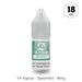 A small plastic bottle with a grey cap, labeled V4 Vapour - Spearmint 10ml E-Liquid, contains 18mg menthol vape juice and features a refreshing spearmint flavor. Available at Vape Direct In Milton Keynes