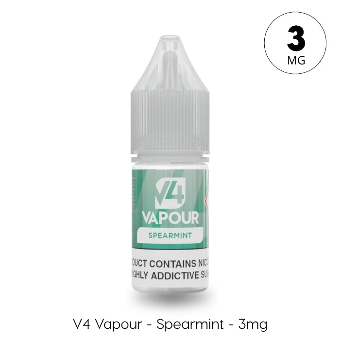 A 10ml bottle of V4 Vapour - Spearmint E-Liquid, labeled 3mg and gray-capped, contains nicotine. Perfect for fans of crisp menthol vape juice from V4 Vapour. Available at Vape Direct In Milton Keynes