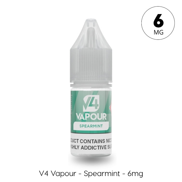 A 10ml bottle of V4 Vapour - Spearmint E-Liquid, featuring a 6MG nicotine label, green design, and menthol vape juice flavor from V4 Vapour. Available at Vape Direct In Milton Keynes