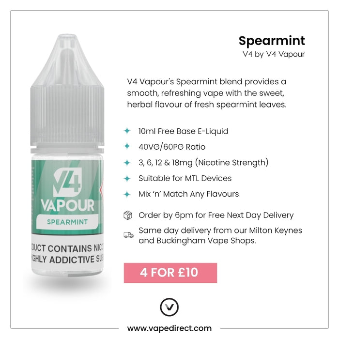 Promotional graphic for V4 Vapour - Spearmint 10ml E-Liquid: enjoy a smooth menthol flavor, 40VG/60PG blend, various nicotine strengths, and a 4 for £10 deal. Brand: V4 Vapour. Available at Vape Direct In Milton Keynes
