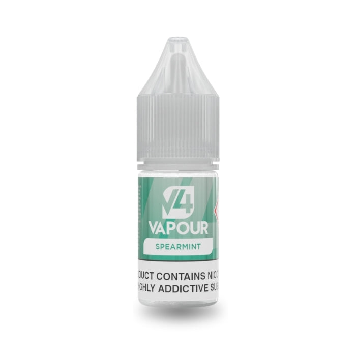 A small 10ml bottle of V4 Vapour - Spearmint E-Liquid features a clear childproof cap and green label showing product and flavor details. "Menthol vape juice" appears on the label, with partial warning text visible at the bottom. Available at Vape Direct In Milton Keynes