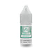 A small 10ml bottle of V4 Vapour - Spearmint E-Liquid features a clear childproof cap and green label showing product and flavor details. "Menthol vape juice" appears on the label, with partial warning text visible at the bottom. Available at Vape Direct In Milton Keynes