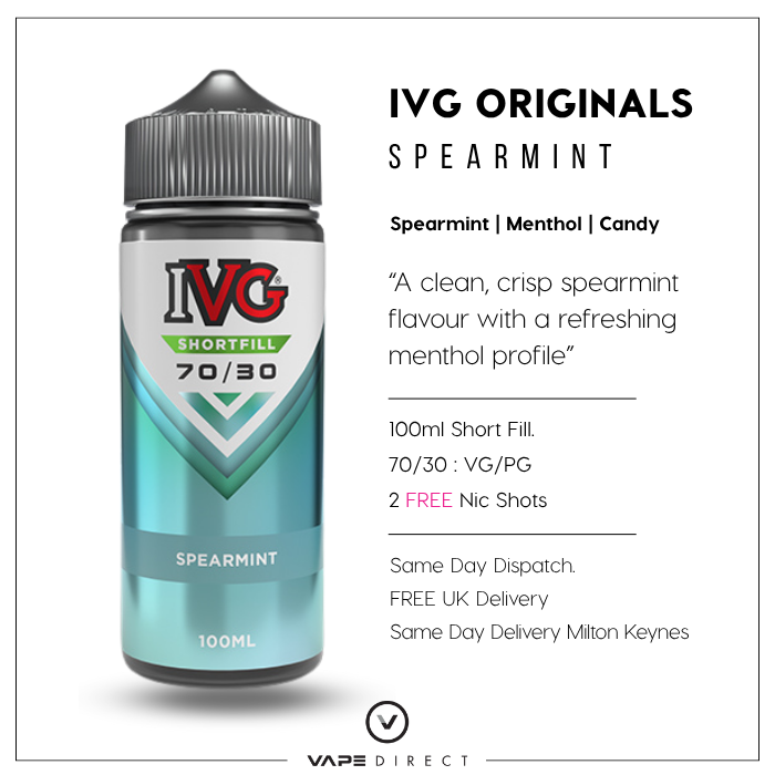 IVG Originals Spearmint 100ml e-liquid bottle with product details, flavour description Free UK Delivery and same day delivery in milton keynes.